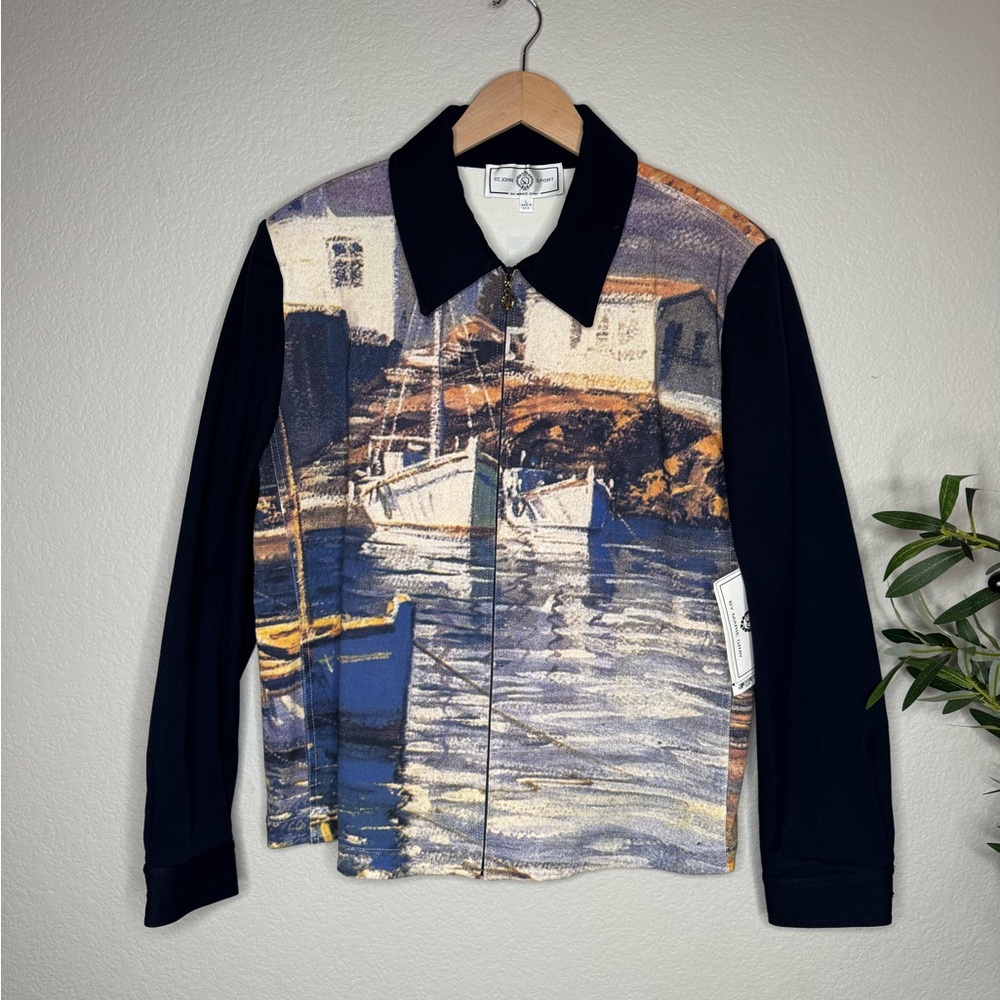 St.‎ John Sport Navy Collar Zip Jacket with Muted Coastal Print Size L NWT